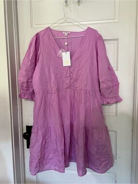 Mary Square lilac purple tiered cotton mini dress with puff sleeves
